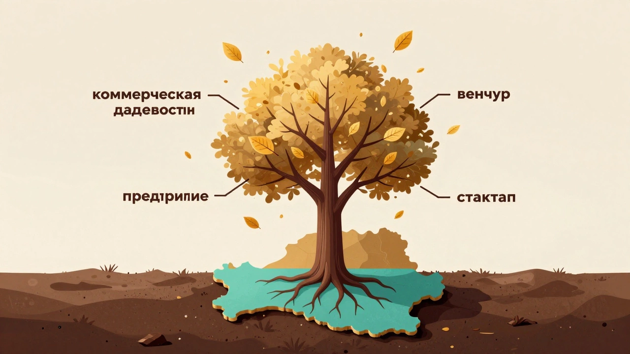 Дерево с ветвями, обозначенными как разные формы бизнеса, растущее из карты Беларуси.