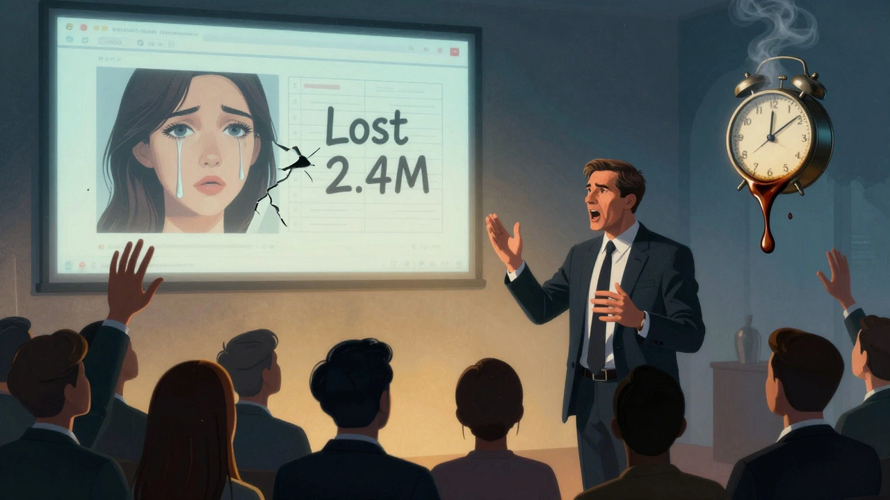 Докладчик говорит, окруженный эмоциональными образами: слезой, разваливающимся графиком и рукой, тянущейся из зала.