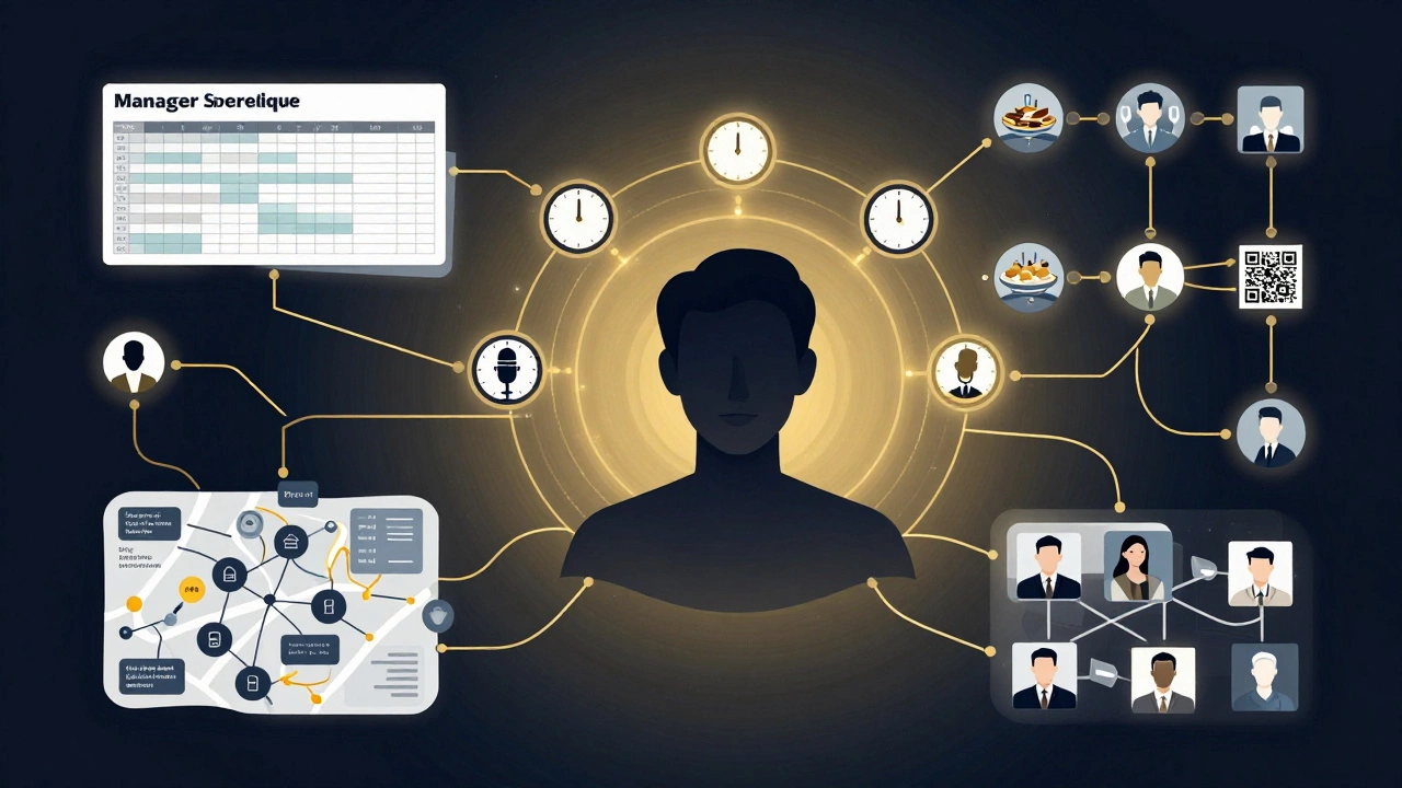 Художественное изображение мыслей event-менеджера как сложной сети задач и связей.