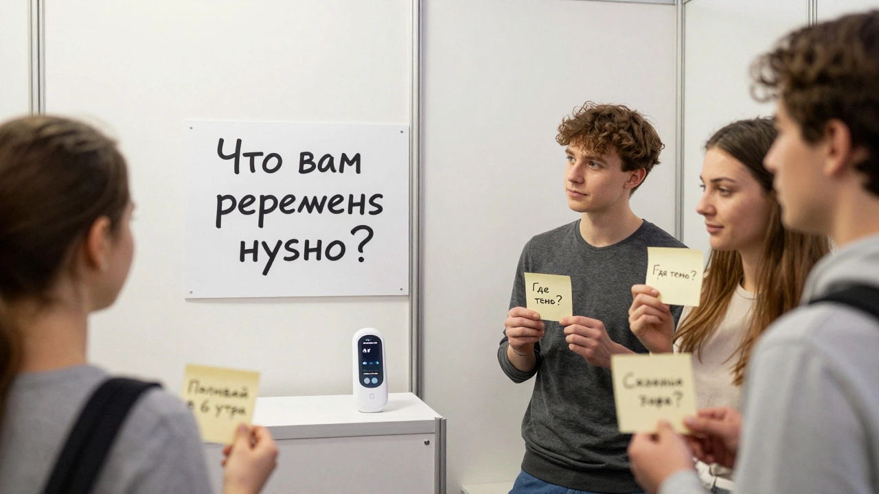 Мини-стенд с термометром и надписью 'Что вам действительно нужно?', вокруг посетители с записками о поливе и тени.