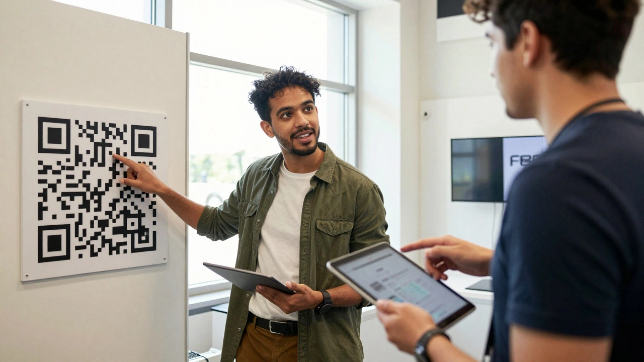 Молодой предприниматель разговаривает с представителем компании у стенда с QR-кодом.