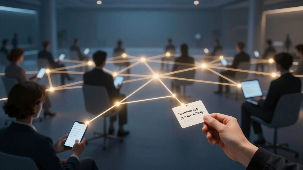 Сеть светящихся связей между участниками конференции, символизирующая последующие контакты.