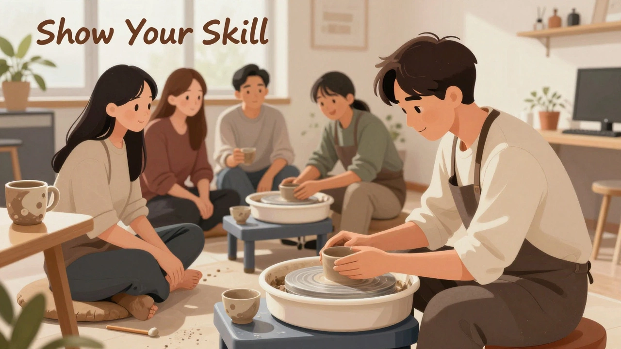 Сотрудник учит коллег делать керамику в уютной обстановке офисного лаунжа.