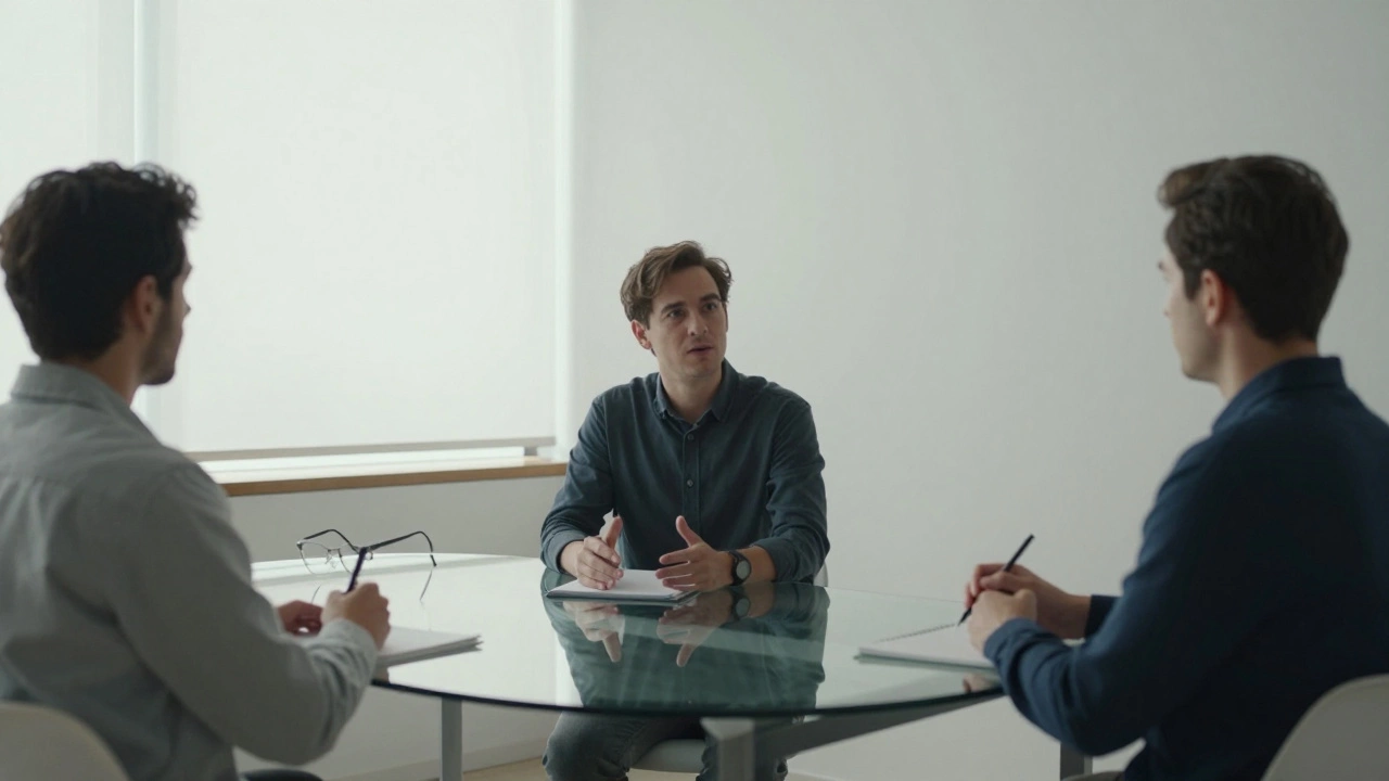 Три участника встречи в минималистичном офисе обсуждают сотрудничество без слайдов.