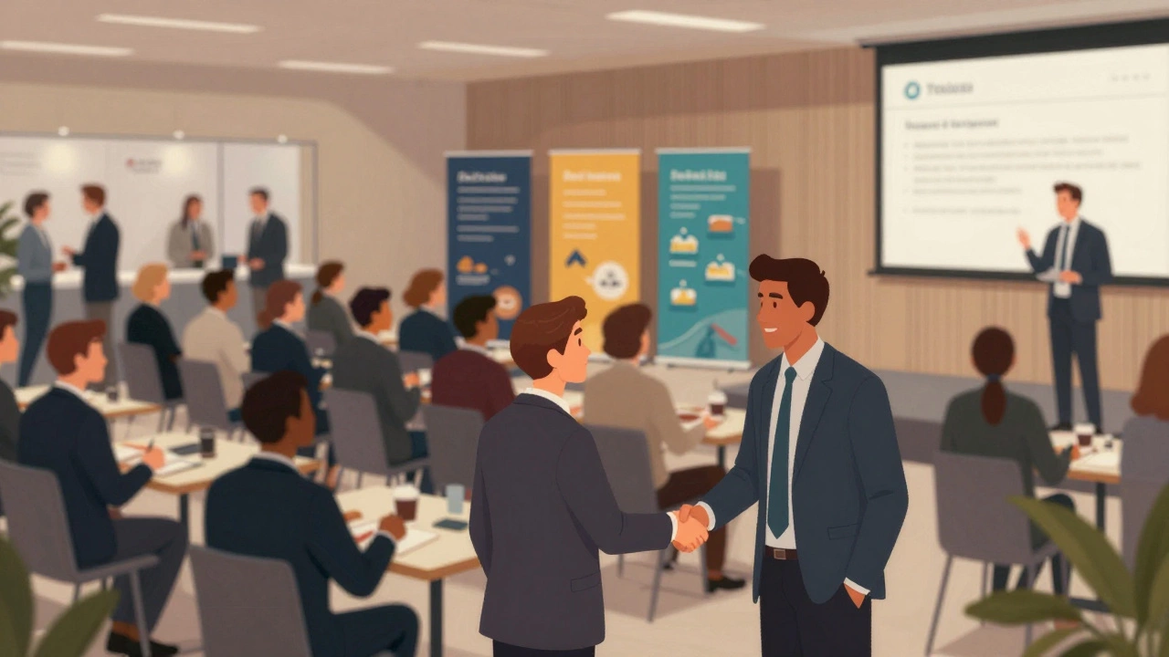 Участники бизнес-конференции общаются и слушают спикера в конференц-зале