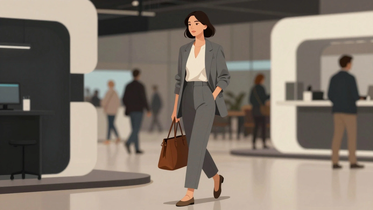 Женщина в брючном костюме и низких туфлях идет по конференц-залу