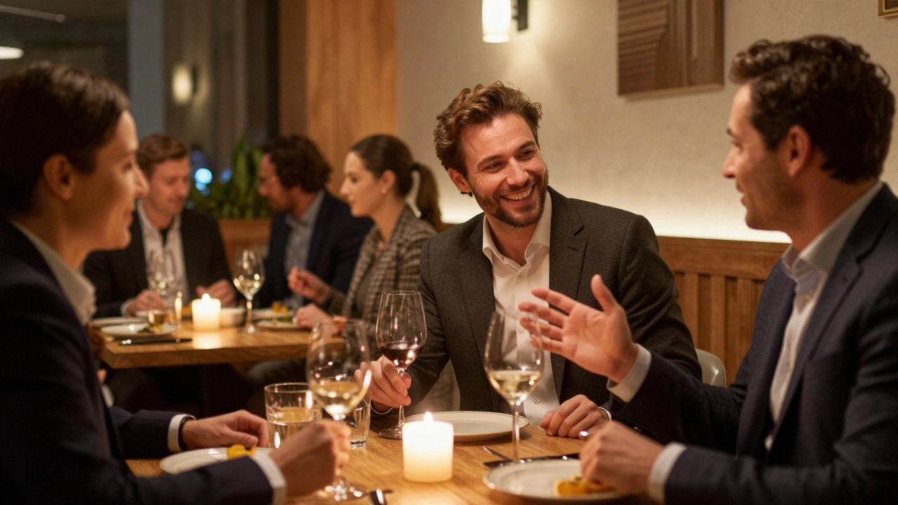 Деловой ужин в ресторане: три предпринимателя ведут живую беседу за вином в уютной обстановке.