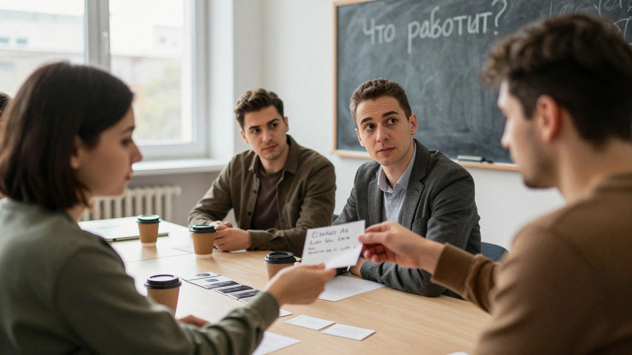 Два человека обмениваются запиской на перерыве конференции, рядом — третий наблюдатель.