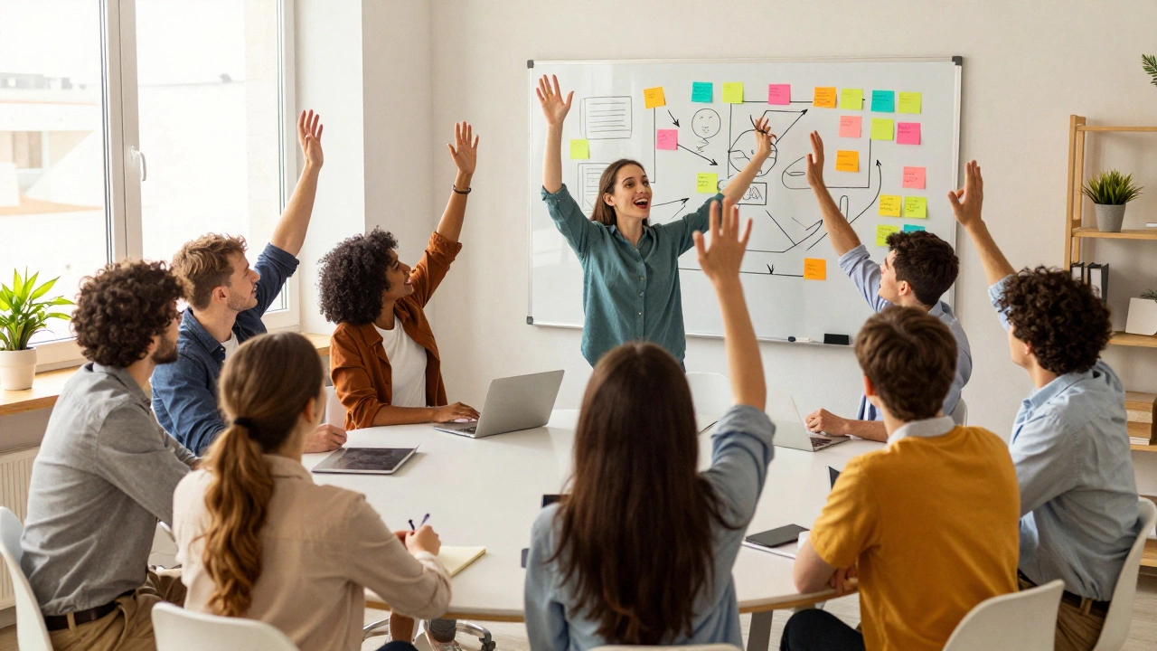 Команда ведет живое обсуждение, на доске заметки и стрелки идей.
