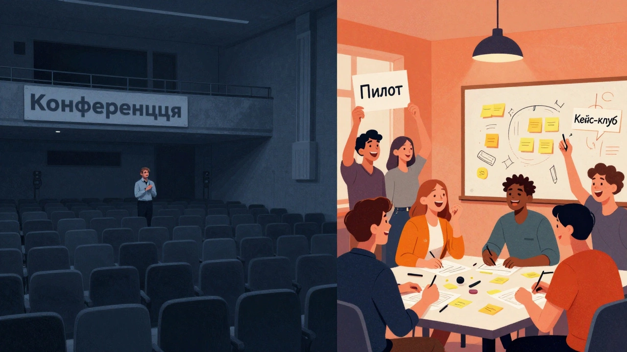 Контраст между пустой конференцией и живой мастерской с яркими названиями событий