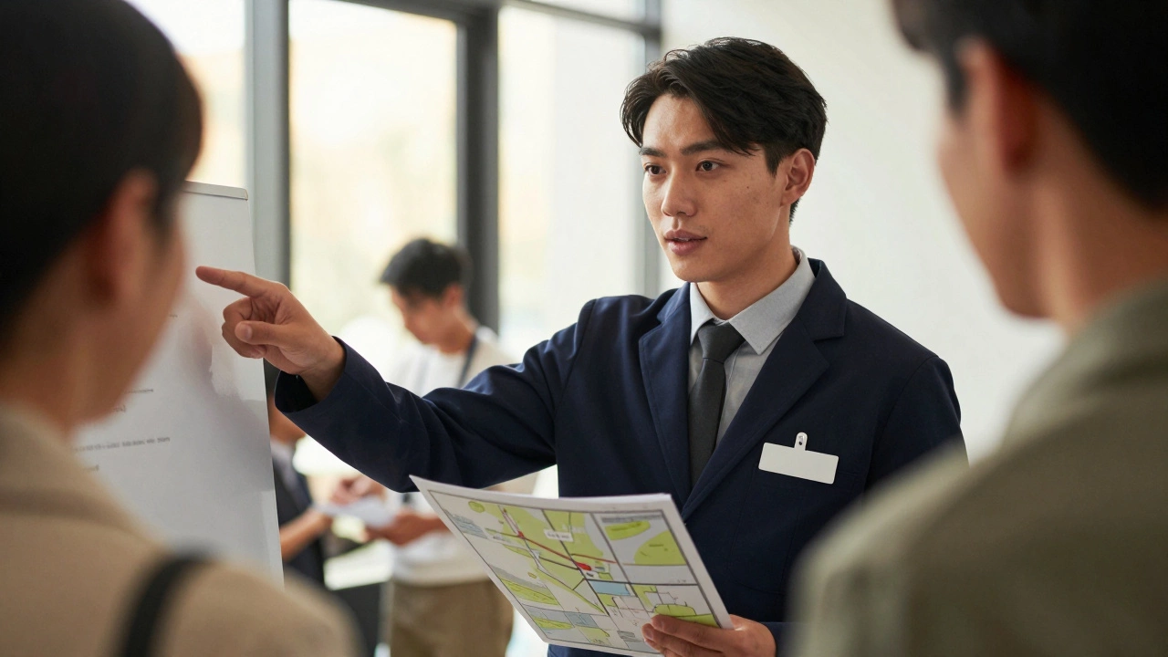 Координатор спокойно помогает гостю разобраться с планировкой зоны нетворкинга.