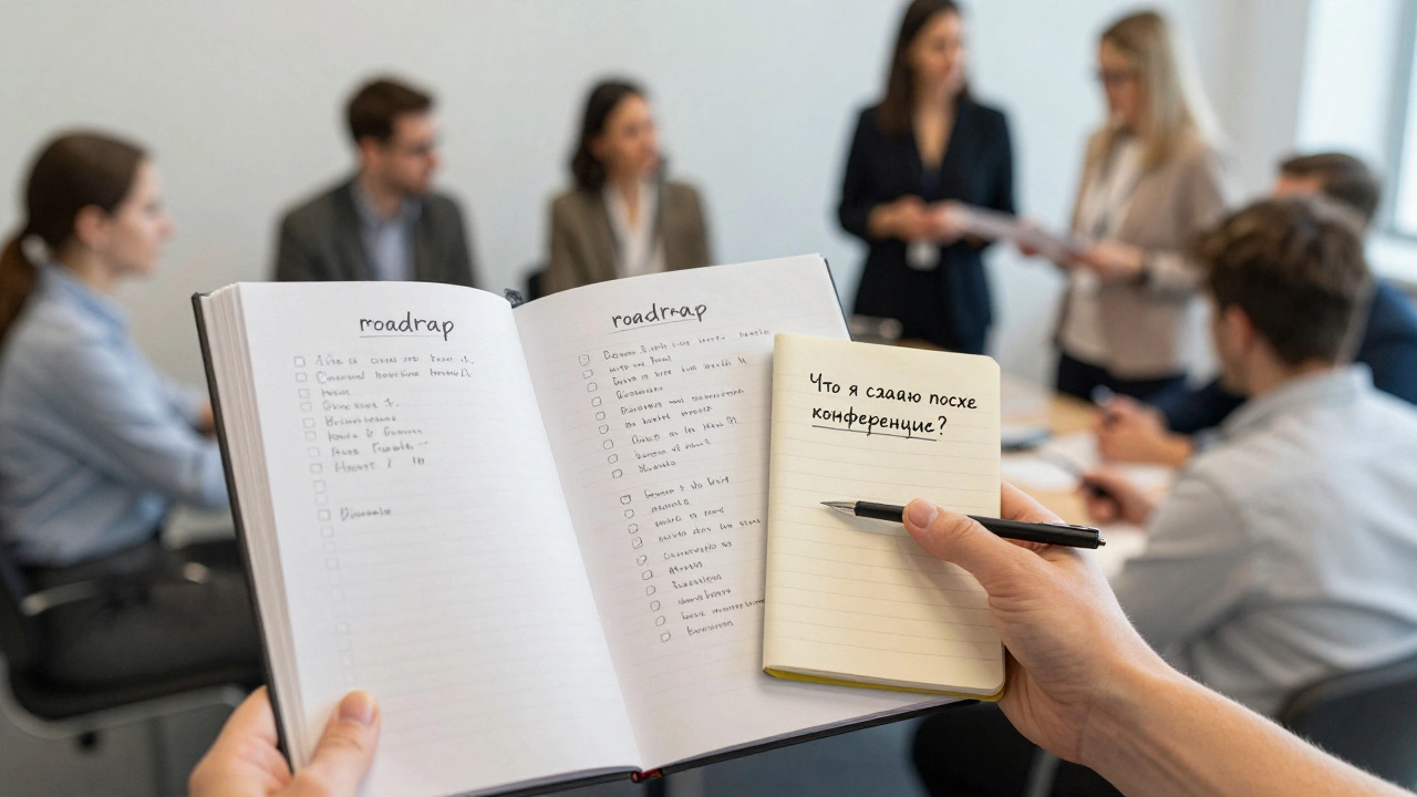 Рукописный путеводитель и блокнот для записей рядом с людьми, обменивающимися контактами после конференции.