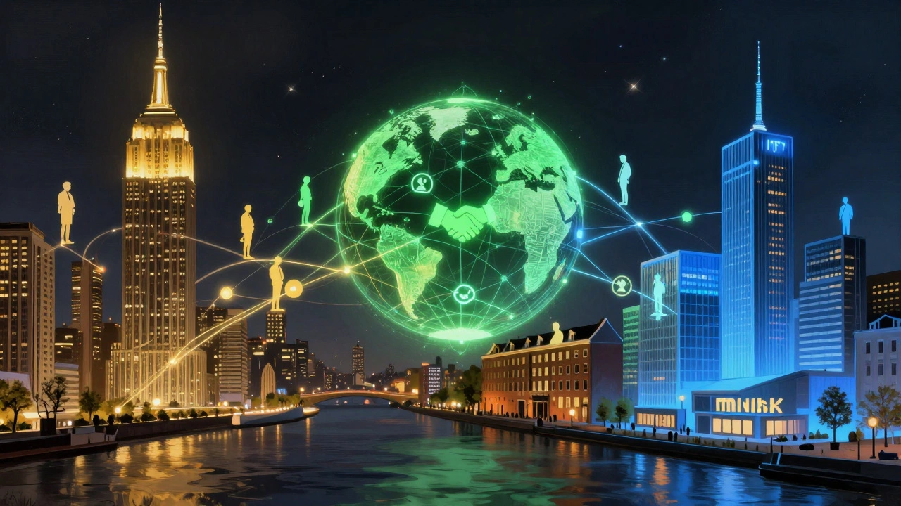 Три города — Нью-Йорк, Амстердам и Минск — соединены светящимися потоками, символизирующими бизнес-связи.