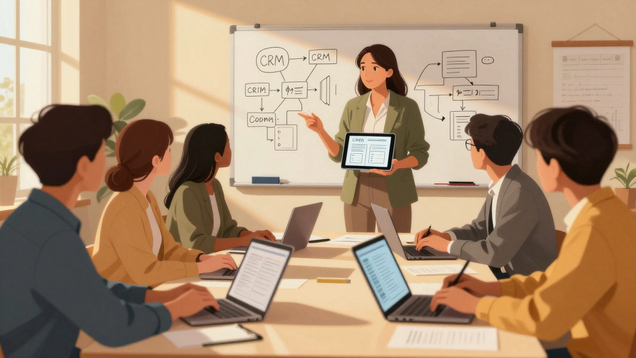 Воркшоп с участниками, работающими над CRM-стратегией за столами.