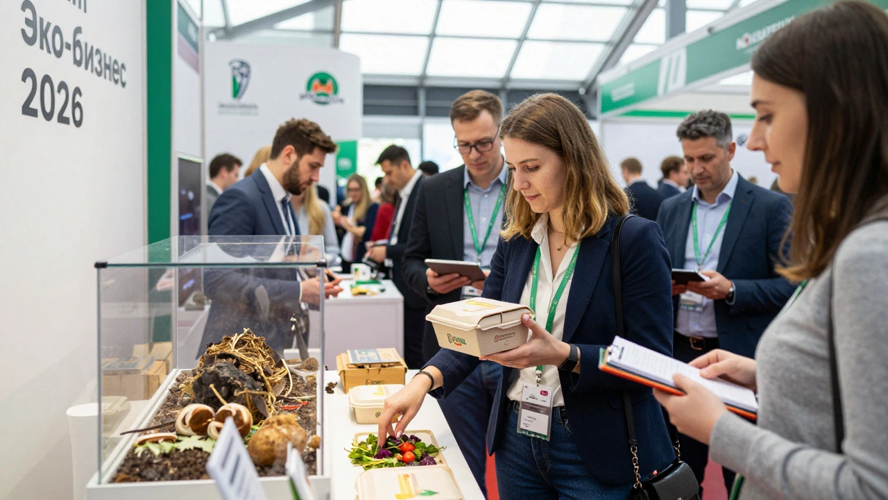 Выставка экологичной упаковки, где посетители исследуют образцы и смотрят на процесс разложения.