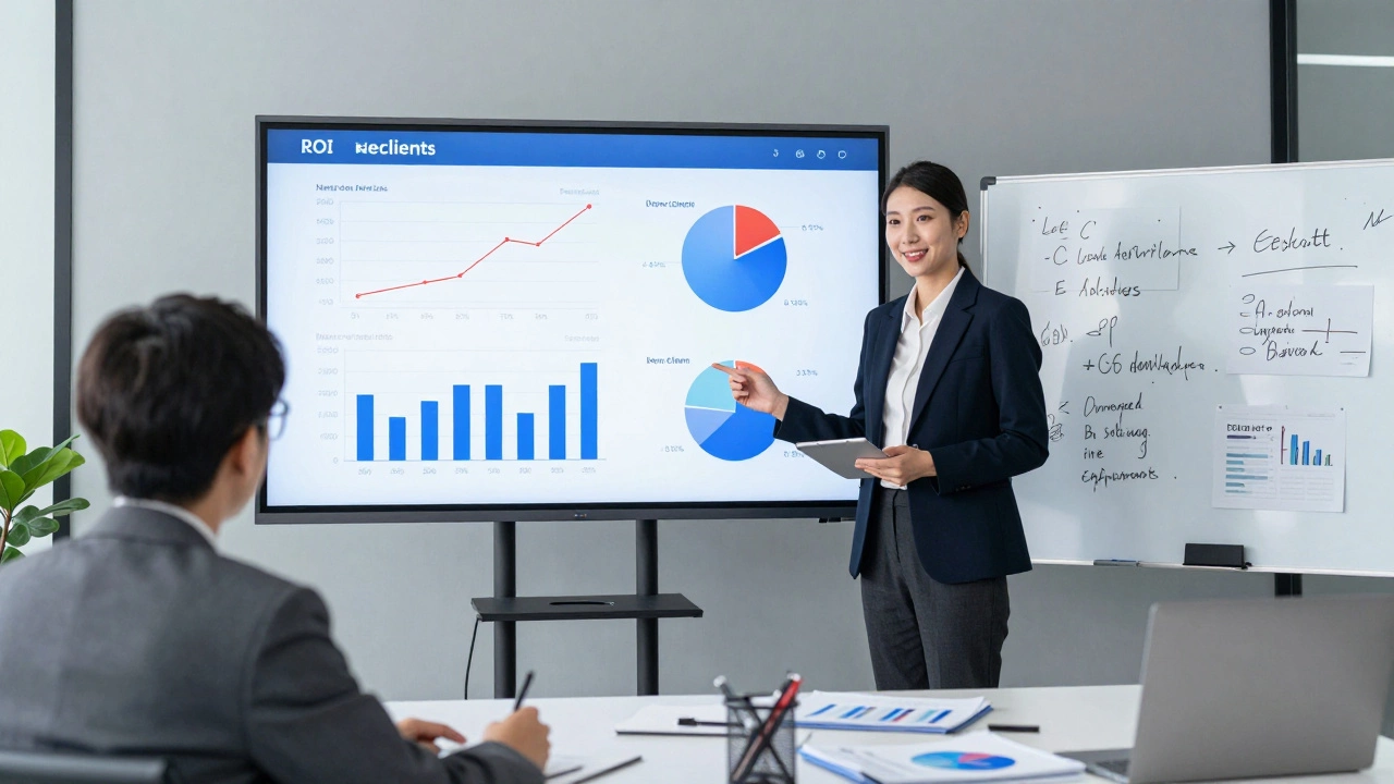 Бизнес-координатор анализирует метрики успеха мероприятия на большом экране с данными о лидах и вовлеченности.