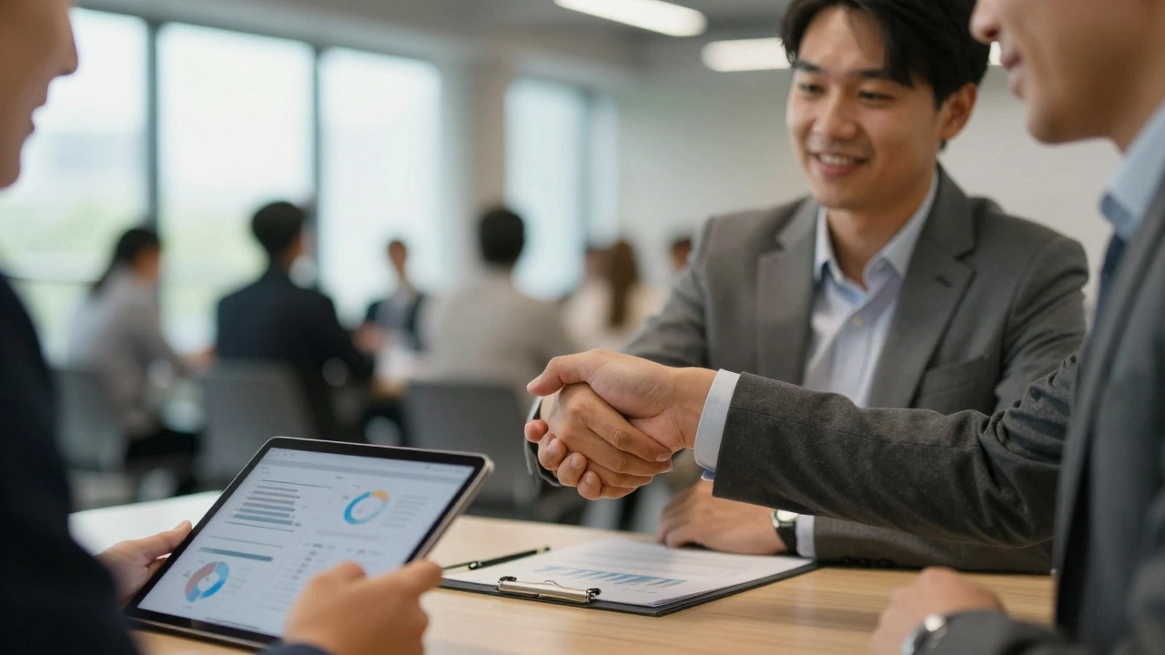 Два деловых партнера обсуждают сотрудничество за столом на мероприятии