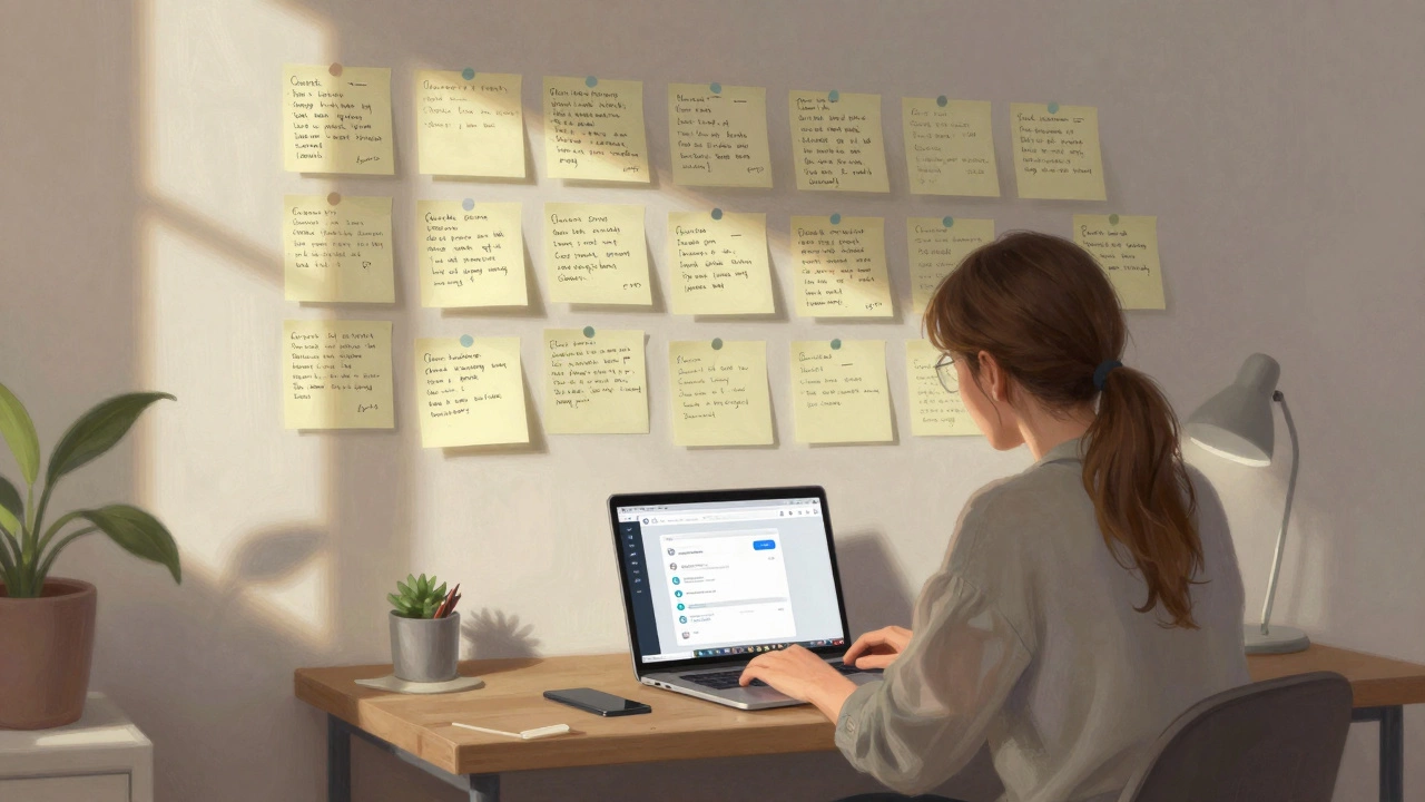 Фрилансер в квартире смотрит на Telegram-канал с десятками сообщений от клиентов.