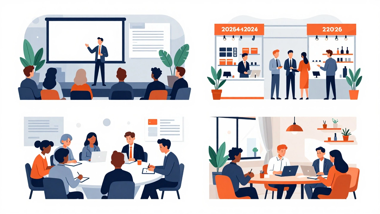 Иллюстрация различных форматов бизнес-встреч: конференция, выставка, семинар