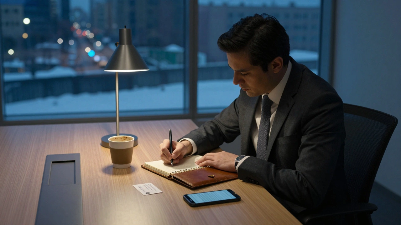 Мужчина записывает заметки после встречи, на столе — кофе, визитка и телефон с черновиком сообщения.