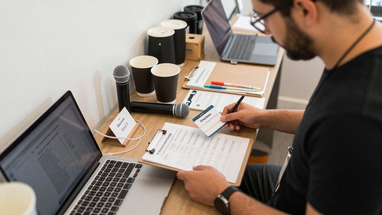 Организатор бизнес-мероприятия самостоятельно готовит зал: расставляет бейджи, проверяет технику и кофе.