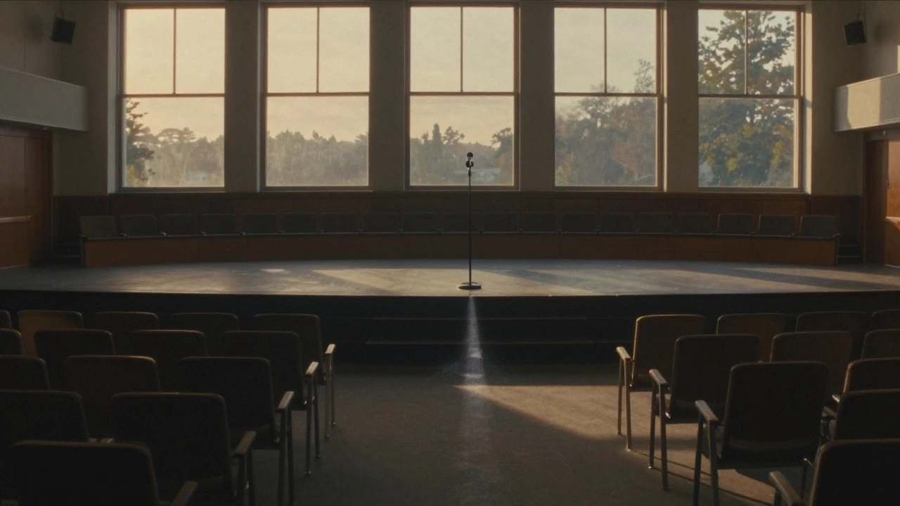 Пустой зал конференции, один микрофон на сцене, свет заката через окна, след мела на полу.