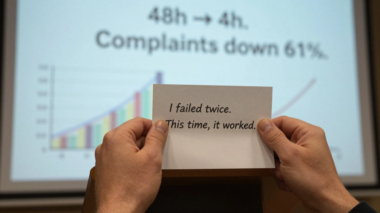 Руки на подиуме, рядом — записка о провале и цифры, показывающие улучшение сервиса.