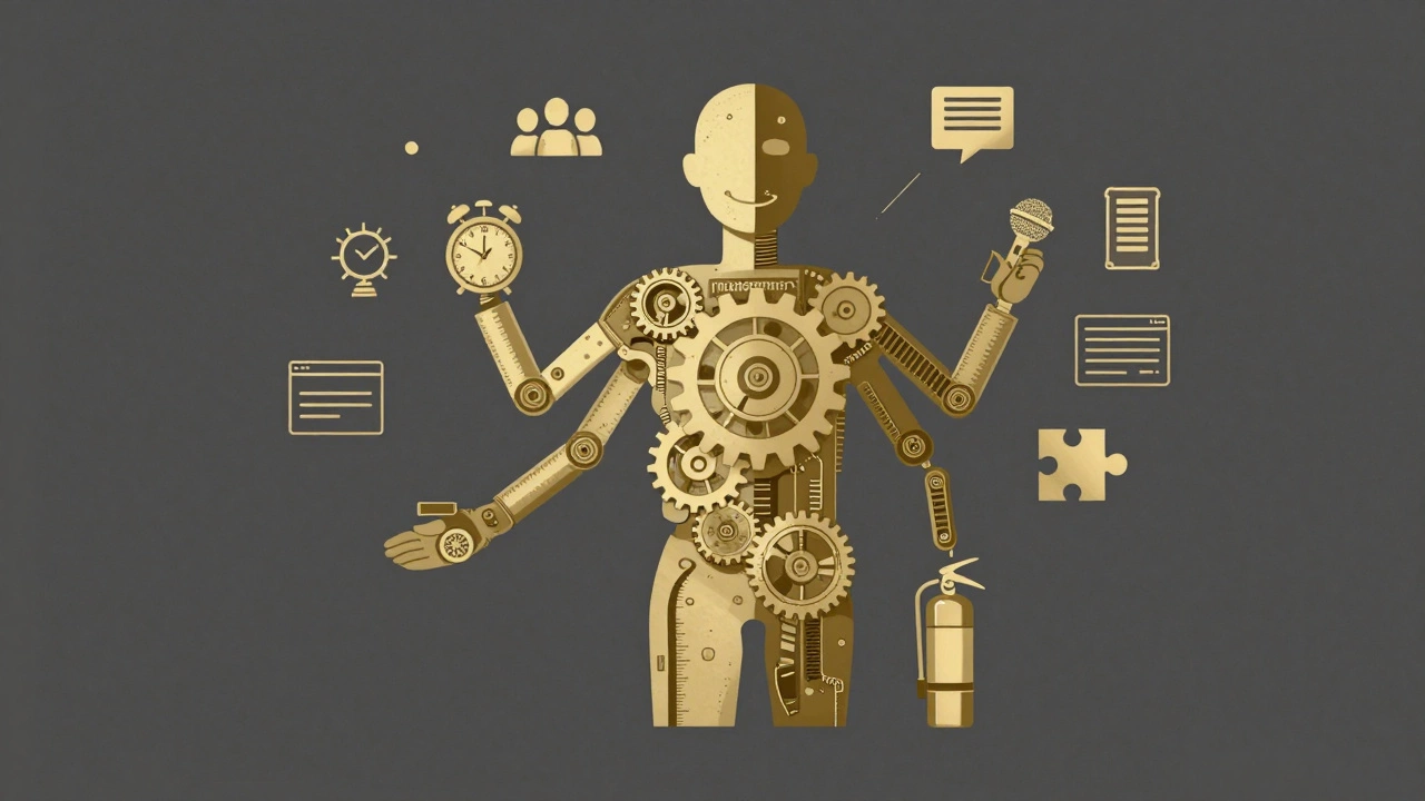 Символическое изображение событийного менеджера как профессионала с несколькими ключевыми навыками, представленными в виде механизмов.