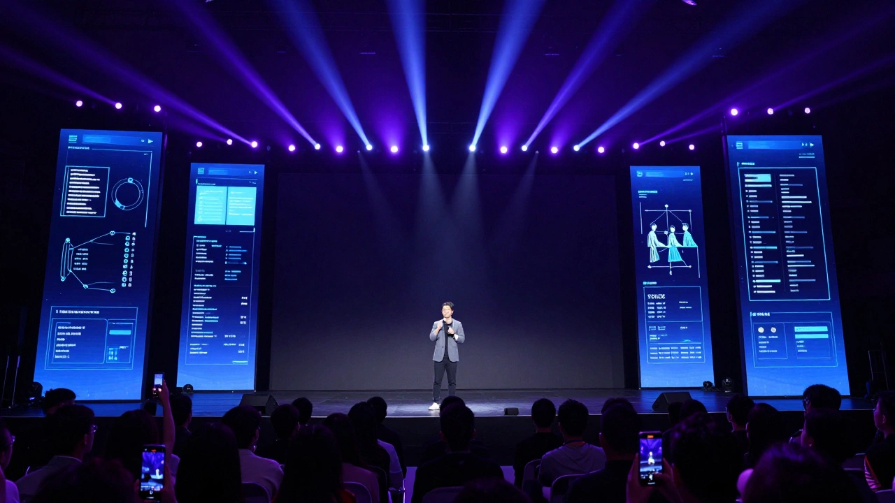 Спикер выступает на сцене с подсветкой для гибридного онлайн-трансляции