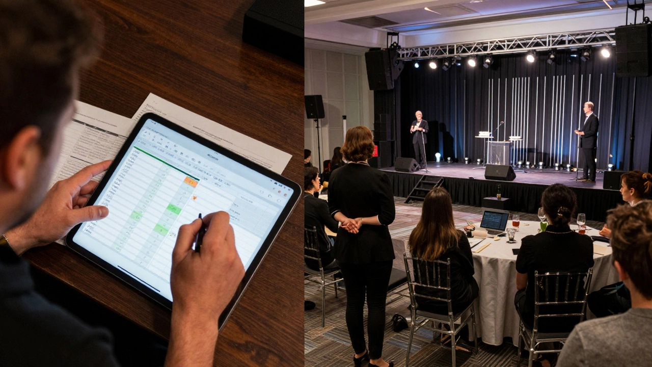 Сравнение за кулисами и на сцене во время проведения делового мероприятия с участием 200 человек.