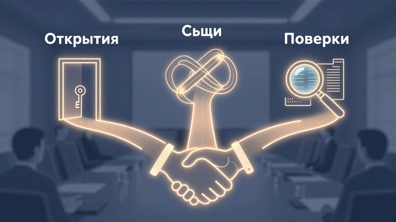 Три типа вопросов для бизнес-встреч — открытие, связь и проверка — изображены как светящиеся пути над рукопожатием.