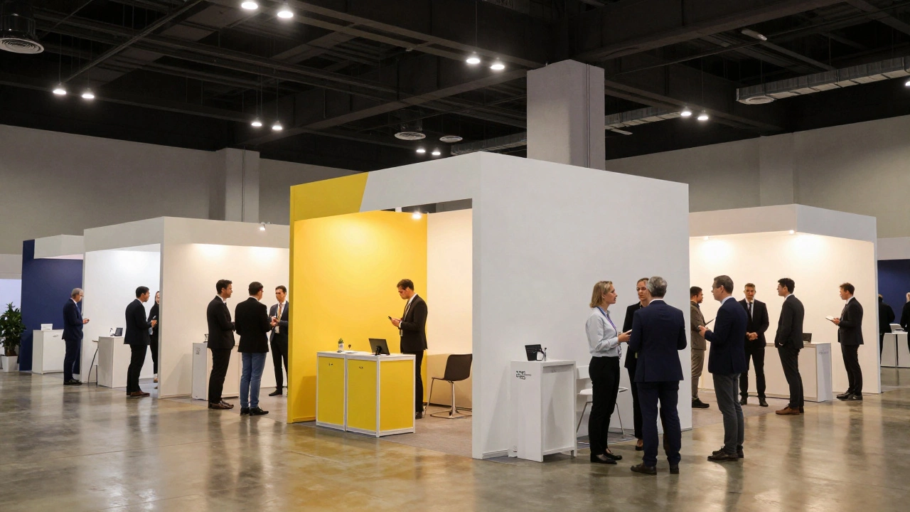 Участники конференции общаются в просторном выставочном зале с стендами