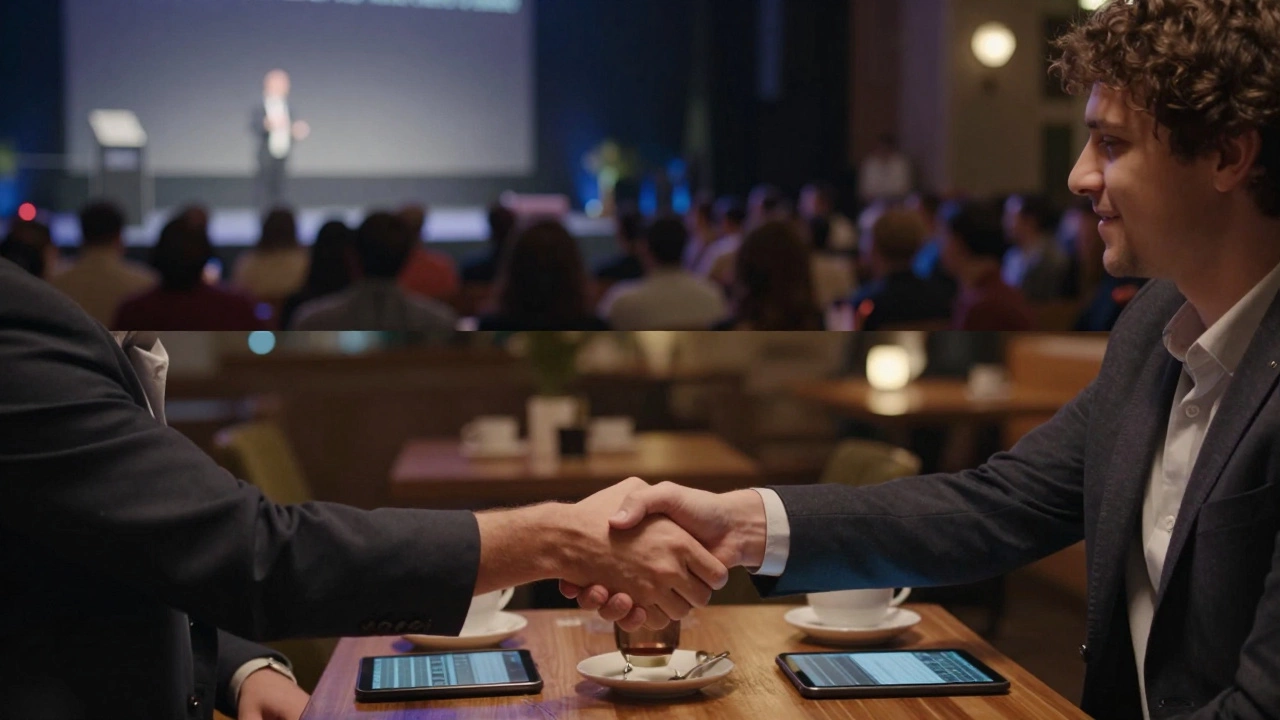 Два предпринимателя заключают сделку в уютной лаунж-зоне на фоне конференц-зала